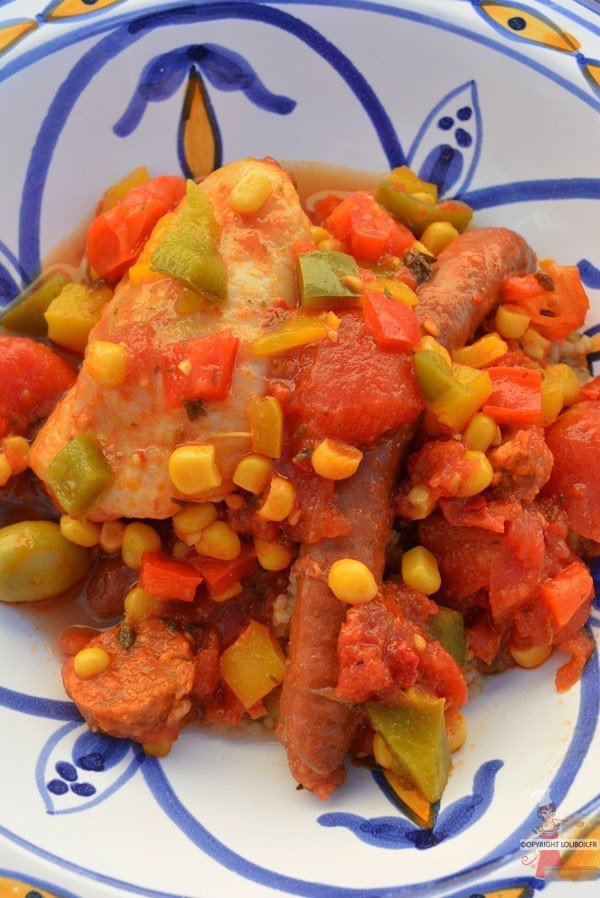 Poêlée de poulet-merguez aux poivrons et tomates