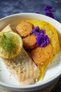 Saumon, citrouille et patate douce au gomasio