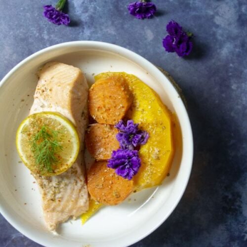 Saumon, citrouille et patate douce au gomasio